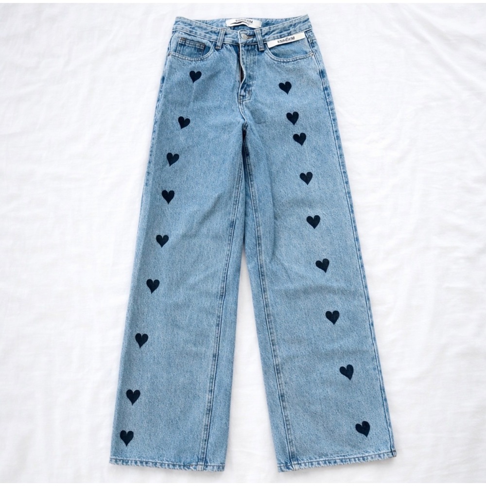 Kimhekim Heart Stamped Print Wide Leg‎ Denim Blue Jeans Size Small • My Uniform